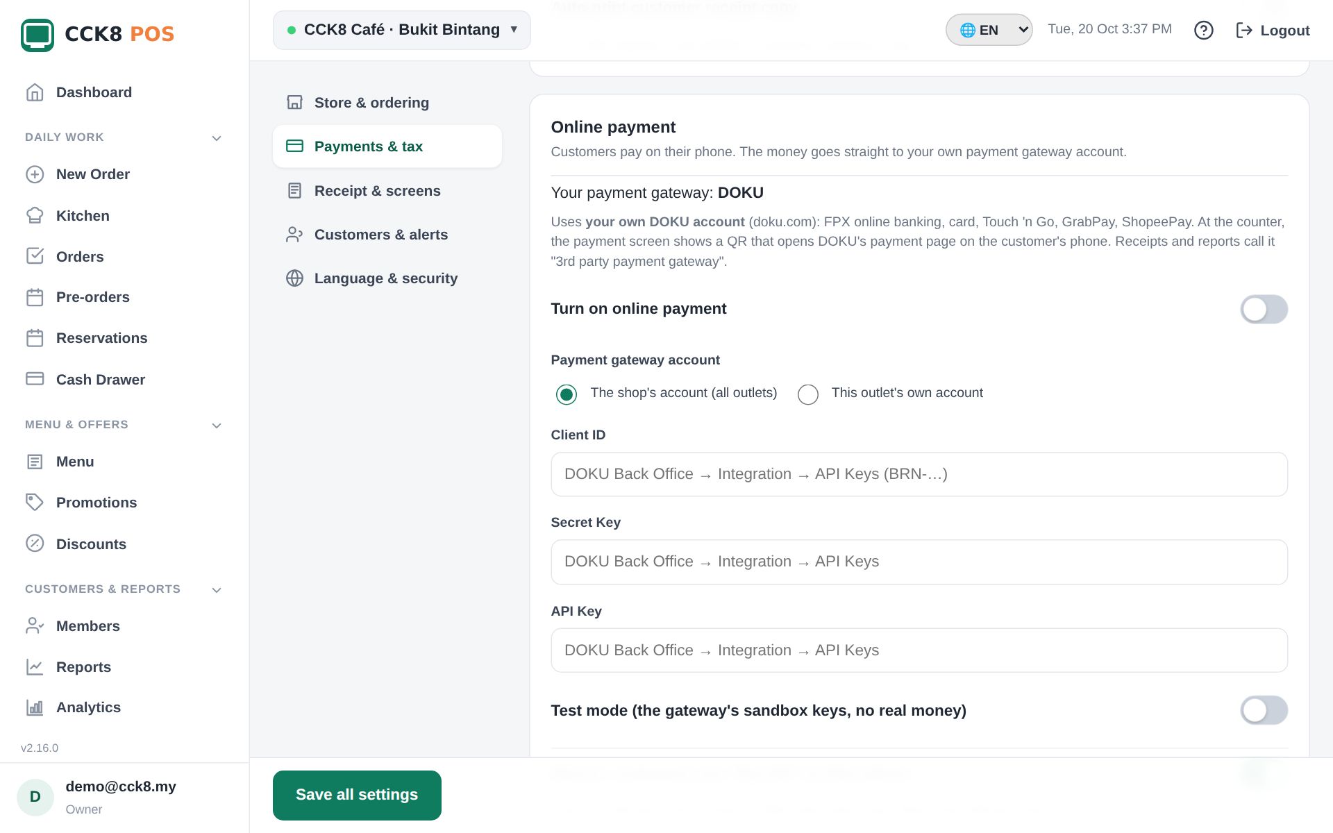 Settings → Online payment