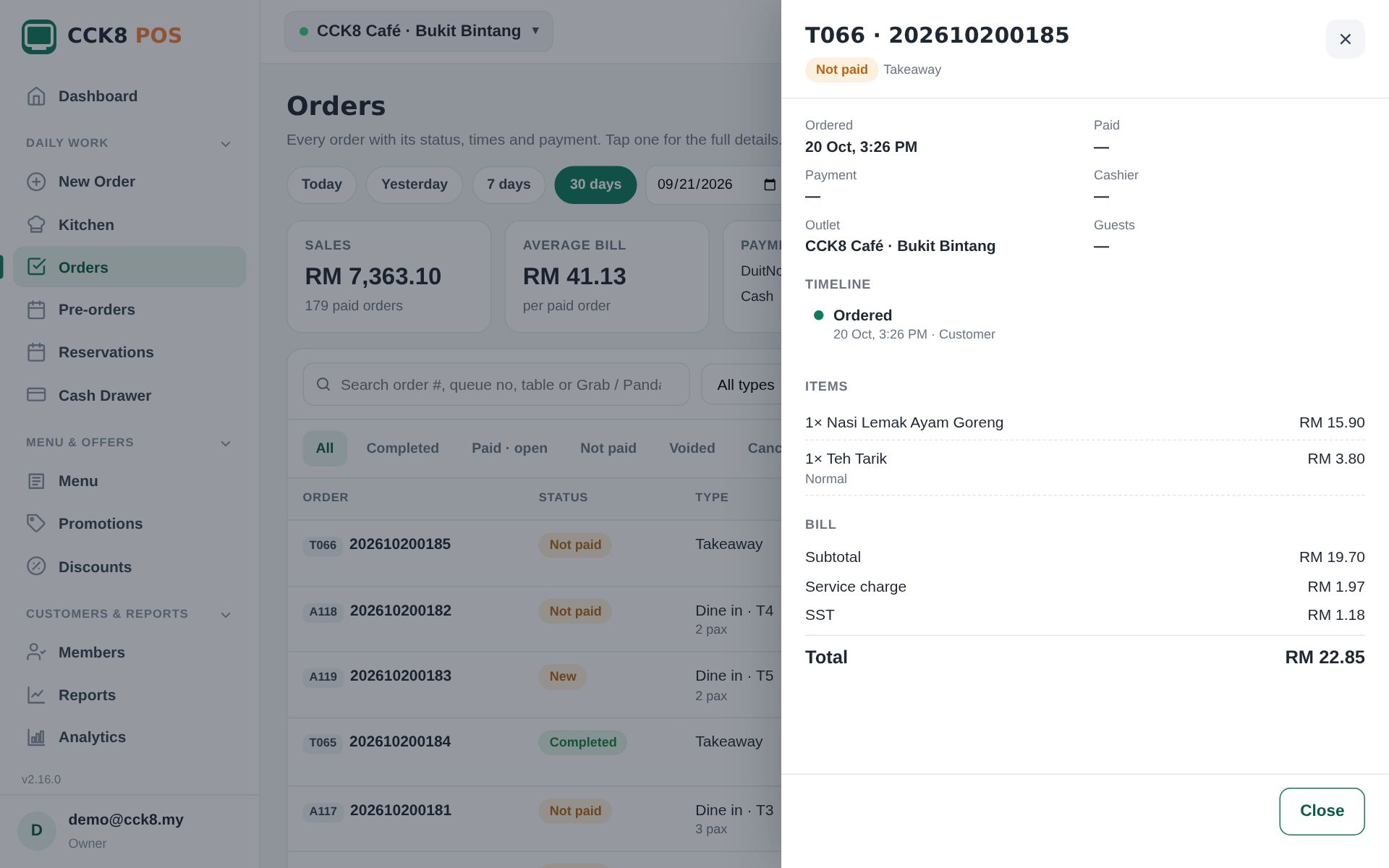 Orders history with the order panel