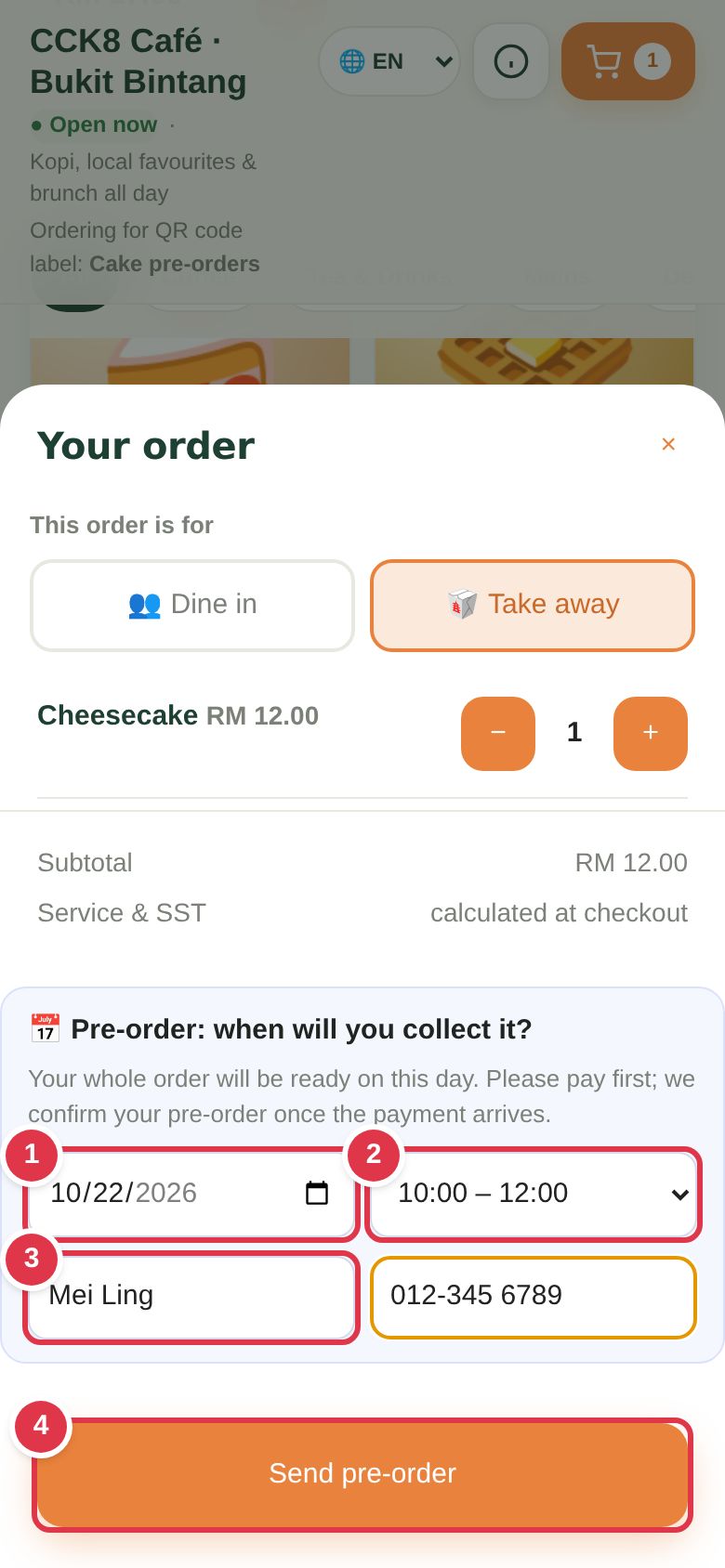The customer chooses ① the day, ② the time frame, ③ their name and phone, then ④ Send pre-order